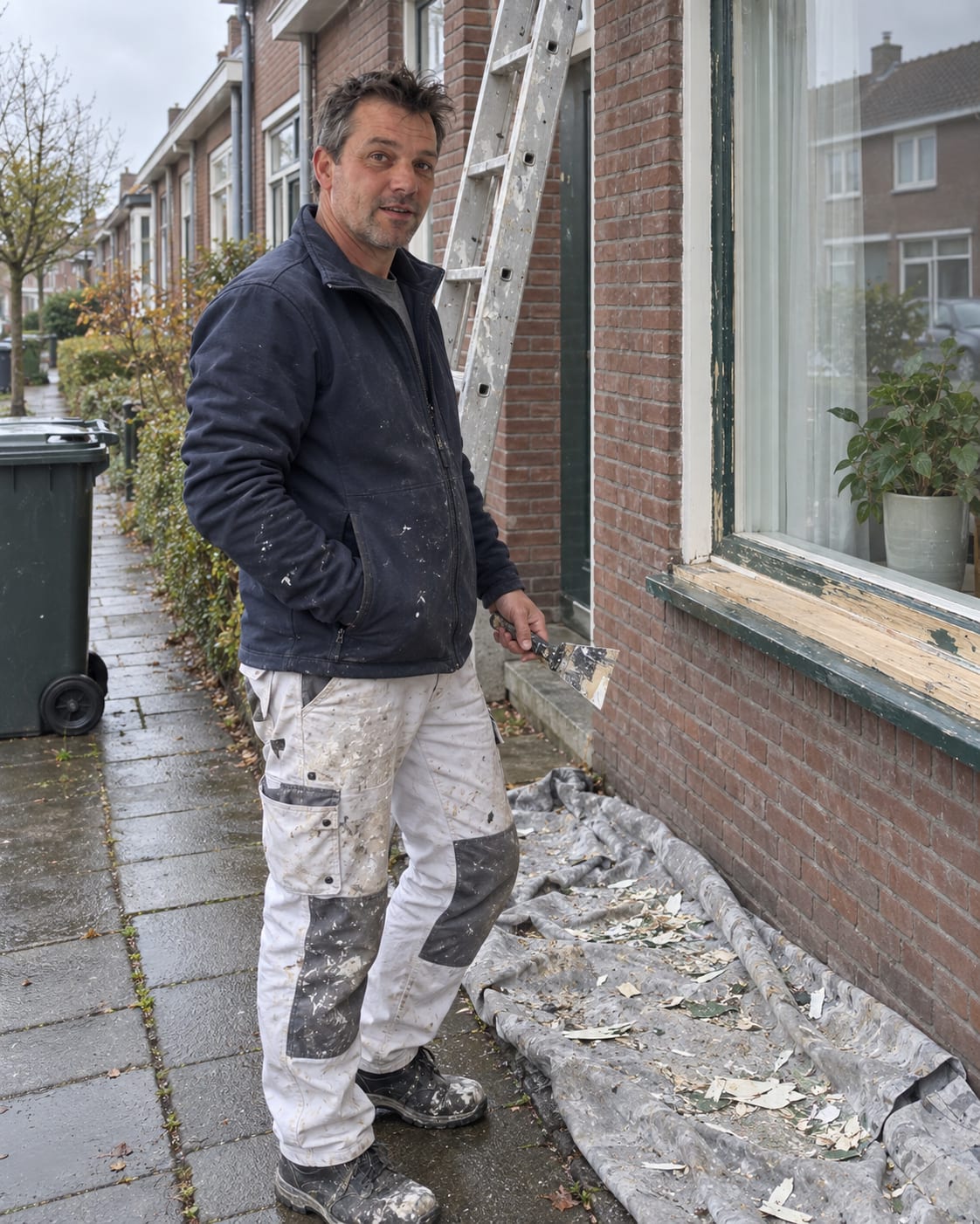 Schilder met verfkrabber voor een woning in een straat in Leeuwarden