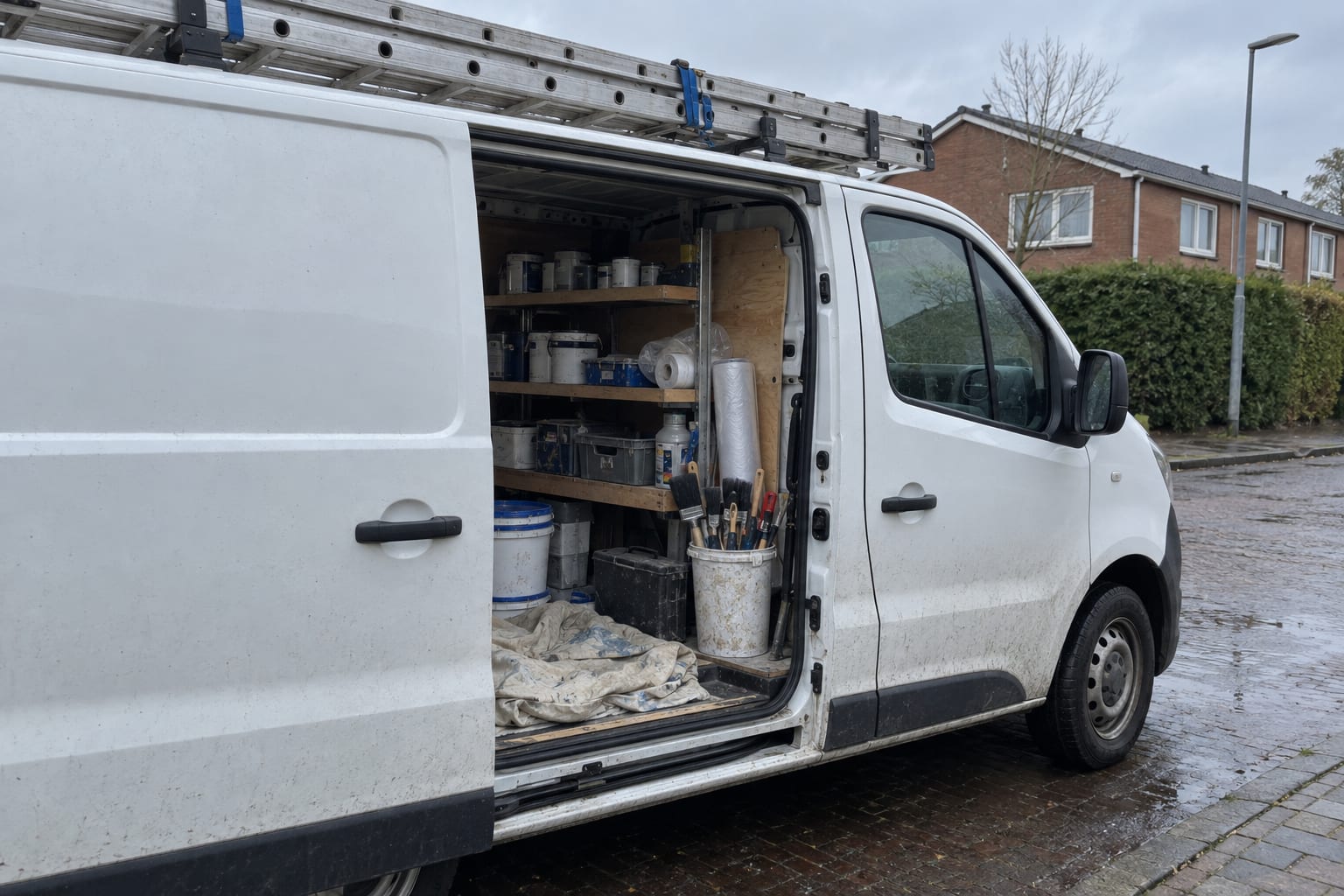 Bedrijfsbus van het schildersbedrijf met geopende schuifdeur en professionele schildersmaterialen