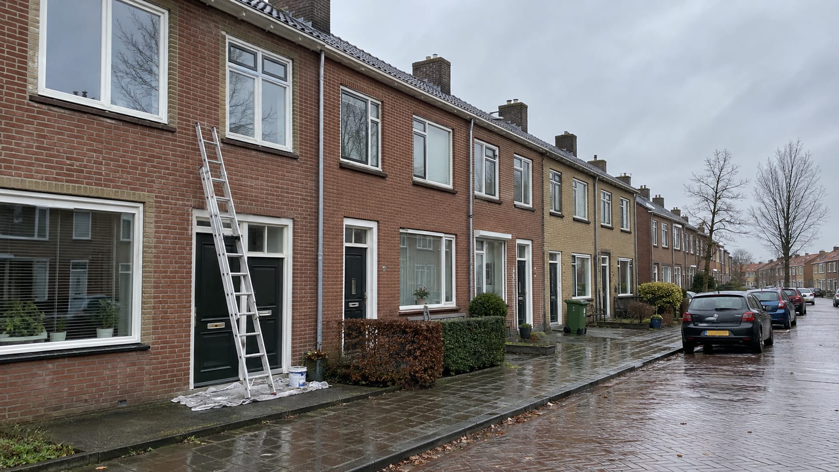 Straatbeeld met verzorgde woonhuizen en pas geschilderde buitenkozijnen