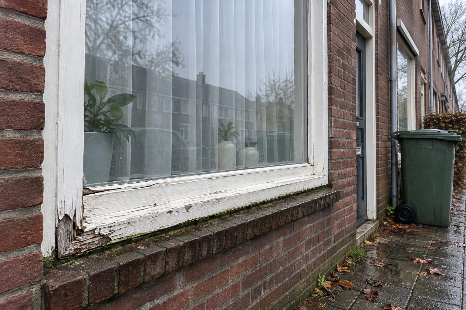 Situatie vooraf: onderdorpel met gebarsten verf en zichtbare houtrot in de hoek