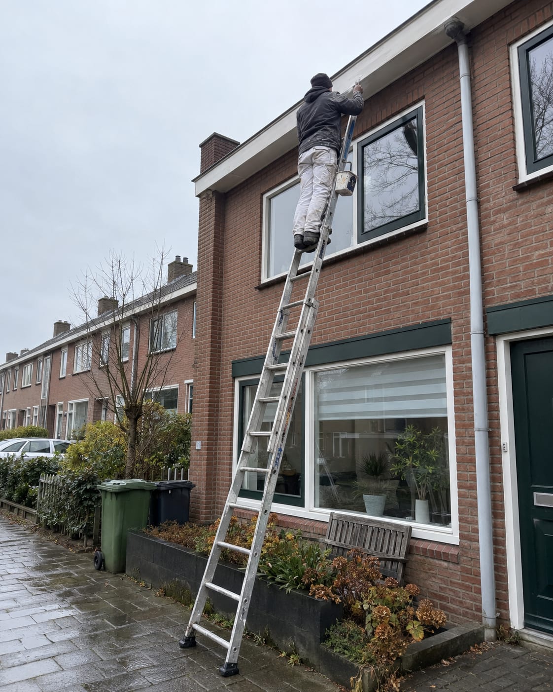 Schilder verft vanaf een ladder het boeiboord onder de dakgoot van een eengezinswoning