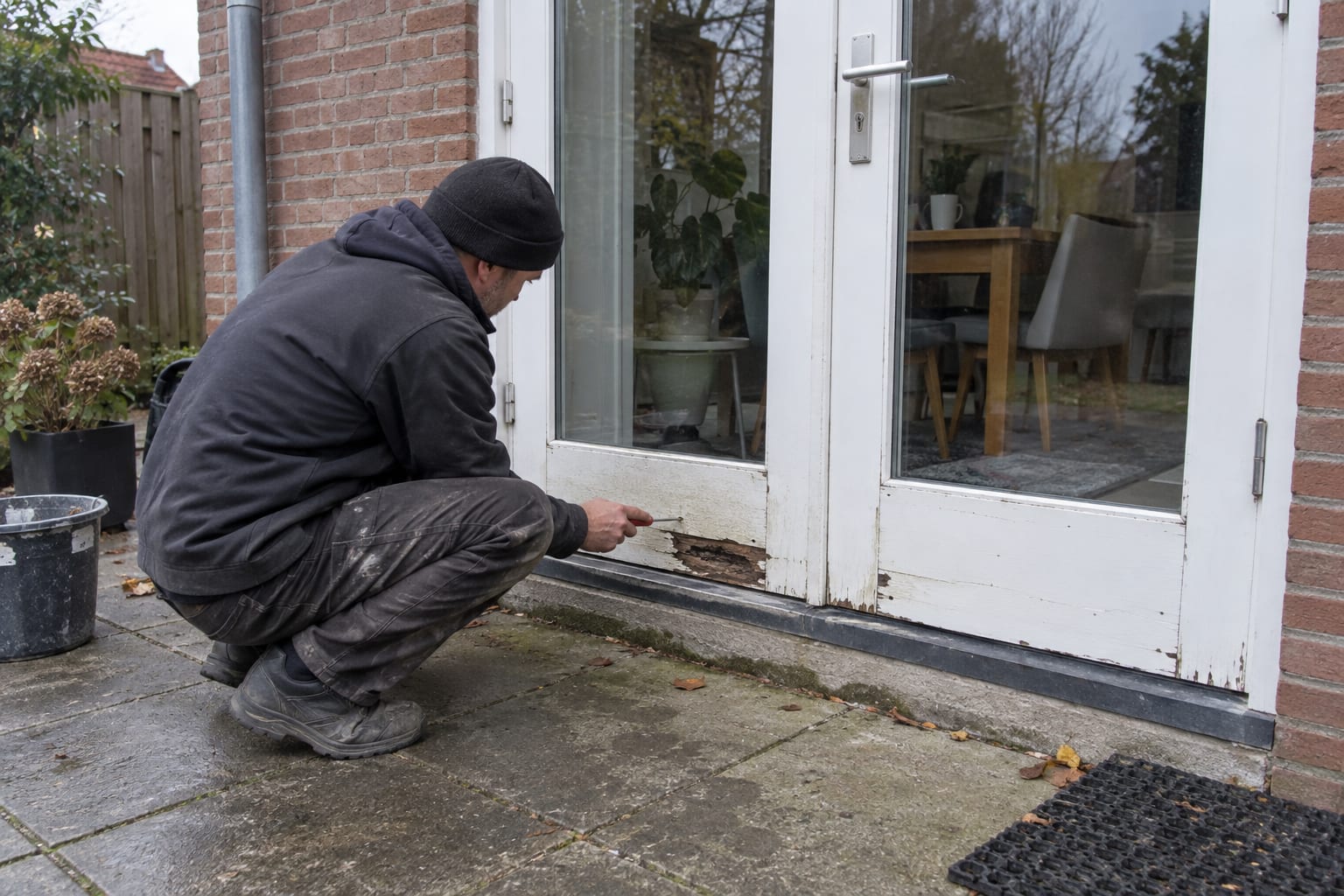 Vakman controleert met een priem de onderregel van een tuindeur op zachte houtrotplekken